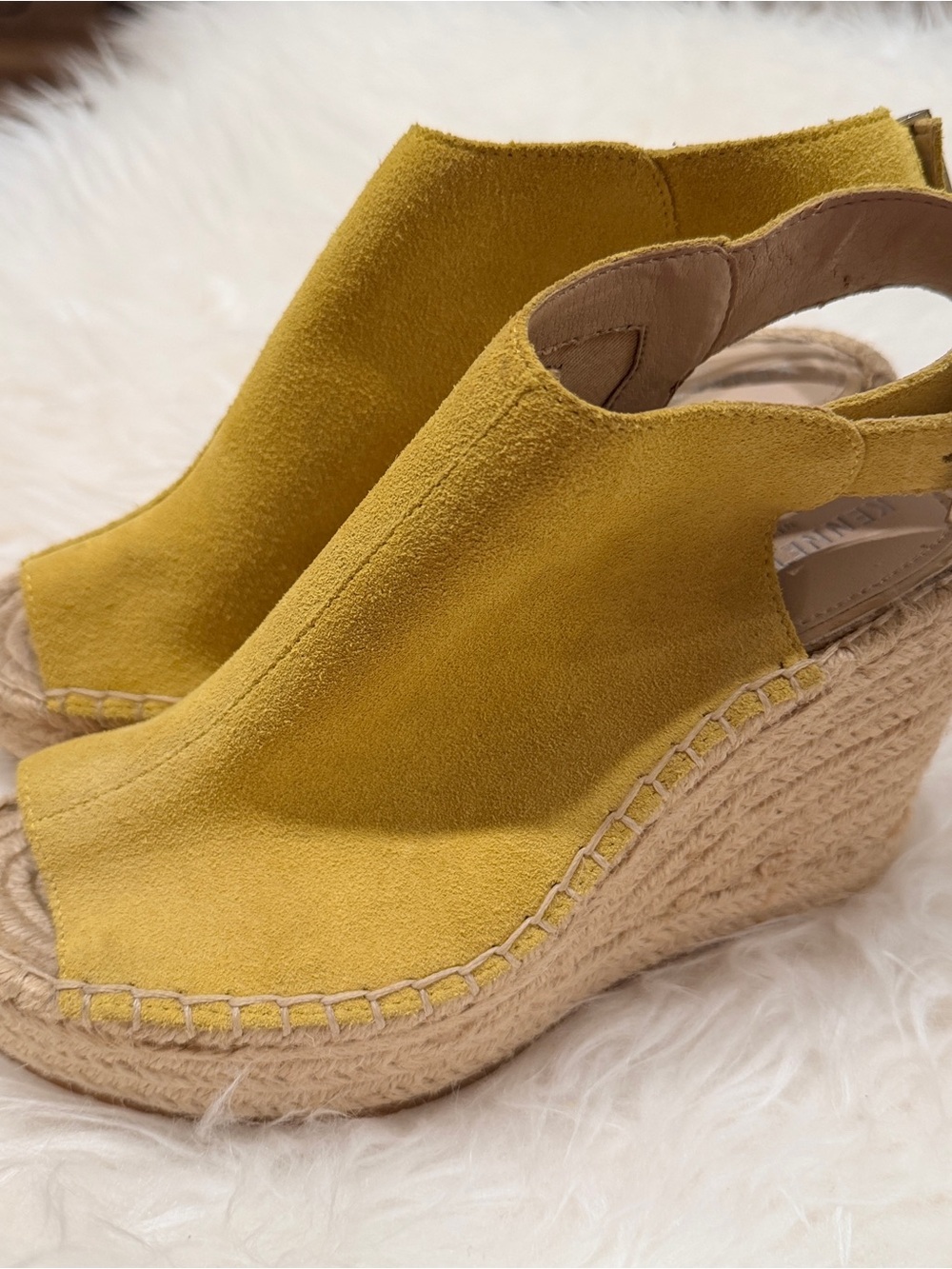 Kenneth Cole Mustard Yellow Suede Espadrille Wedges. - with a little flaw